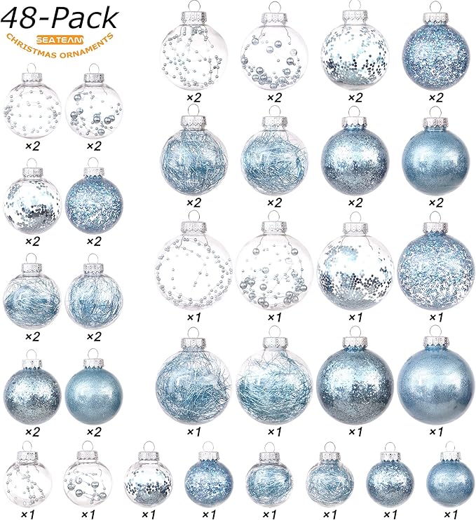 Sea Team Pack of 48 Shatterproof Clear Plastic Christmas Baubles Multi-Size Decorative Christmas Baubles with Stuffed Delicate Decorations (Babyblue)