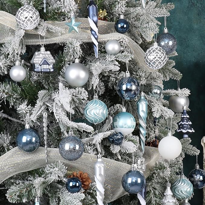 124Ct Blue and Silver Christmas Ornaments Set, Elegant Shatterproof Assorted Christmas Decorations for Xmas Tree Snowflake Icicle House Ball Ornaments Baubles for Holiday Party Decor (Blue&Silver