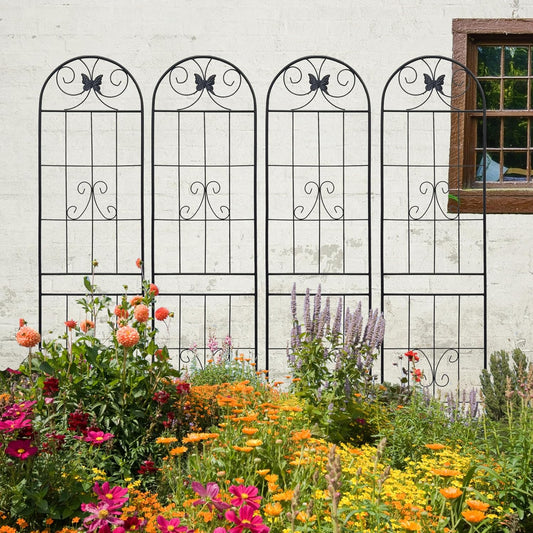 4 Pack Metal Garden Trellis for Climbing Plants, 86.7" Tall Rustproof Outdoor Trellis Panel with Line Butterfly Design, Decorative Black Iron Plant Support for Vine, Rose, Flower, Garden Wall