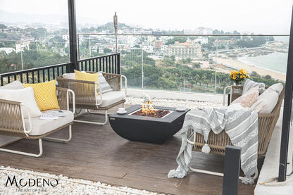 AMS Fireplace | Modeno Aurora Package | Black Natural Gas Fire Pit Table for Outside Patio Bundle with Wind Guard, and SS Burner Lid | Free Rubber Mat & Ice Bucket