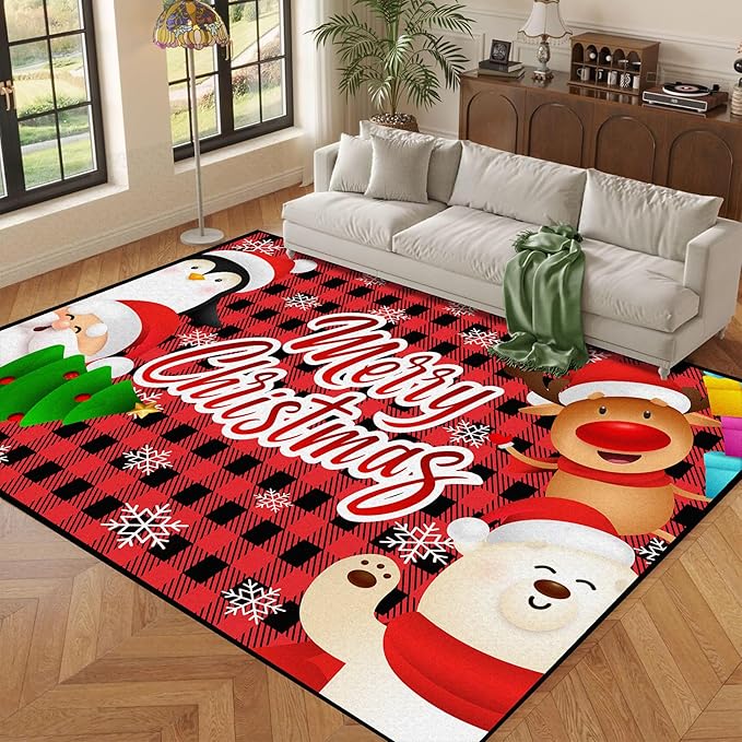 5' X 7' Christmas Area Rugs,Xmas Tree Snowflake Non-Slip Washable Rug Indoor Rugs Floor Mats Carpet for Living Room Bedroom Dining Room Home Decor