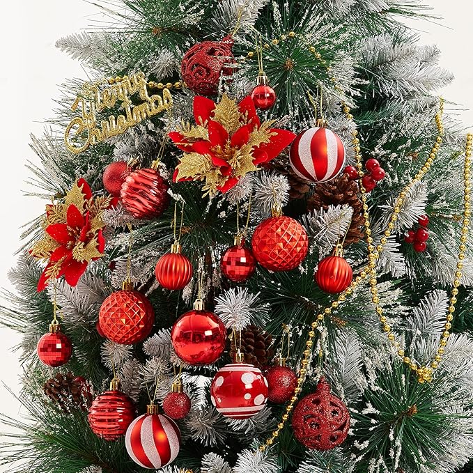 100PCS Christmas Ball Ornaments, Assorted Shatterproof Christmas Tree Decorations, Seasonal Decorative Hanging Baubles Decor Set for Xmas/Holiday/Party, Glitter&Painting Ornament Set (Red)