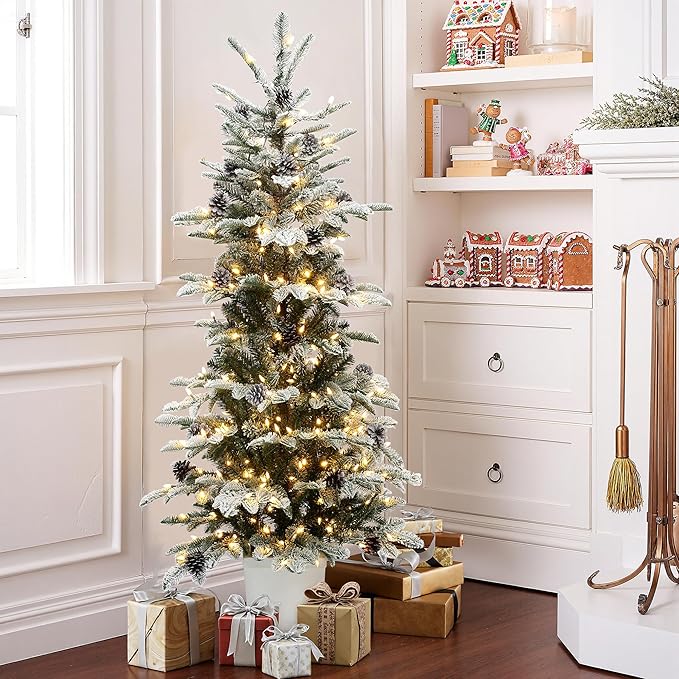 LuxenHome 5FT Small Potted Christmas Tree, Flocked Christmas Tree with Pot, Prelit Artificial Xmas Trees with 300 LED Lights and Pine Cone, Lighted Pine Trees for Indoor, Outdoor Holiday Display