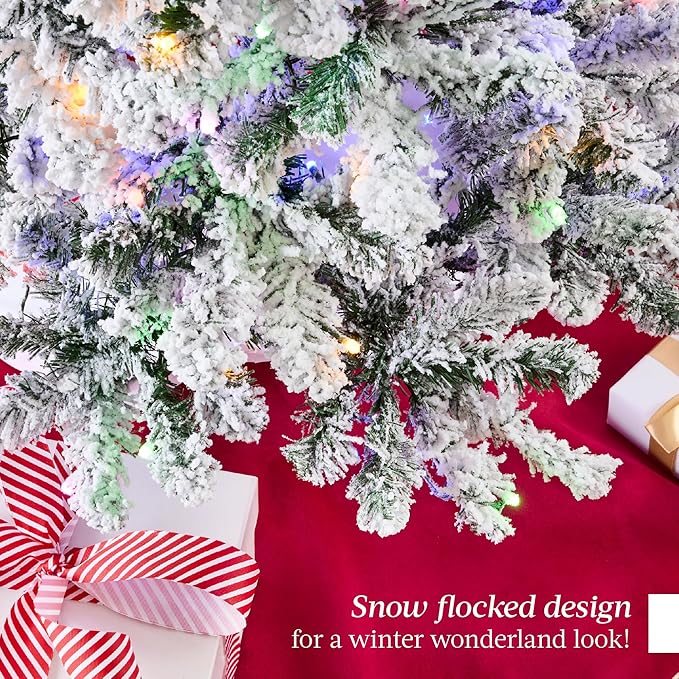 Best Choice Products Pre-Lit Artificial Christmas Tree 7.5ft Snow Flocked Pine Tree, 2-in-1 White and Multicolor LED Lights, Full Snowy Appearance