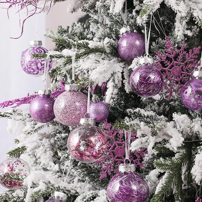 Wironlst Christmas Ball Ornaments Shatterproof Clear Large Plastic Hanging Ball Decorative Baubles Set with Stuffed Delicate Decorations (Multi-Size, Purple)