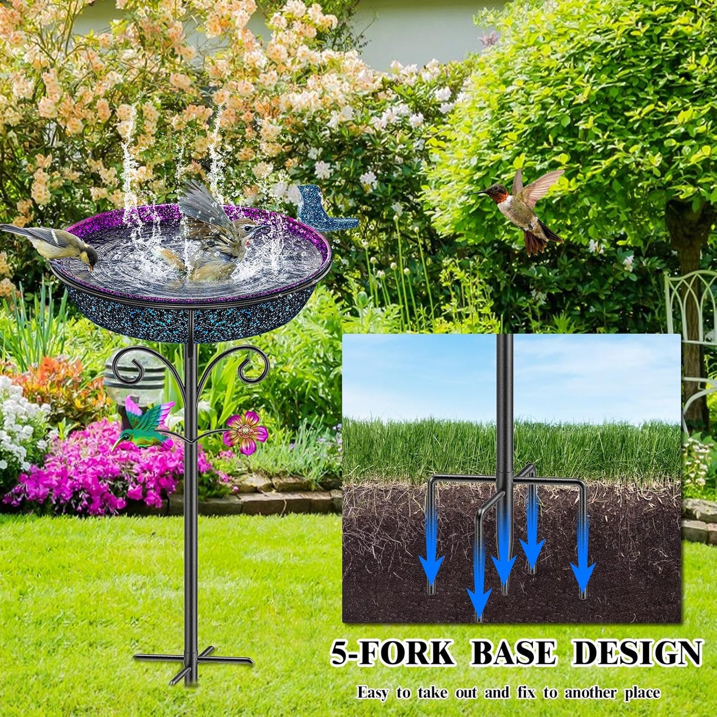 Metal Bird Bath for Outside, Freestanding Garden Bird Baths Bowl, Vintage Birdbath for Outdoors Yard Garden Lawn Decor Decor (Gradient Purple)