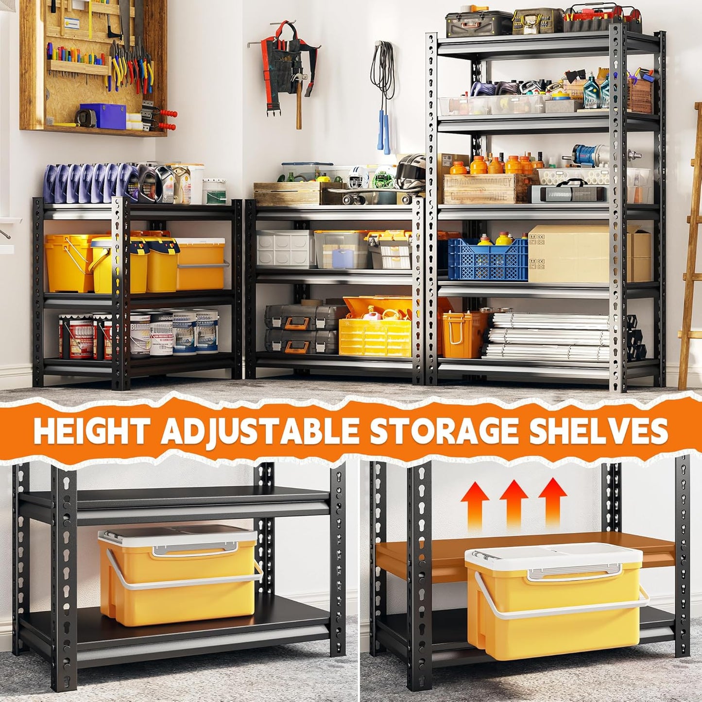 REIBII Storage Shelves, 2000LBS Garage Shelving Heavy Duty, 5 Tier Adjustable Metal Shelving for Garage, Warehouse, Pantry, Kitchen, Basement, 12" D x 27.5" W x 60" H, Black, 2Pack