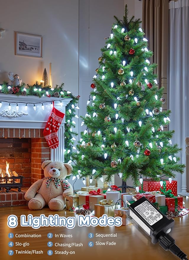 C9 LED Christmas Lights Outdoor, 81 Feet 100 LED String Lights With Timer & 8 Lighting Mode, Waterproof Commercial Grade Extendable for Indoor Outside Roofline Patio Home Xmas Decoration, Pure White
