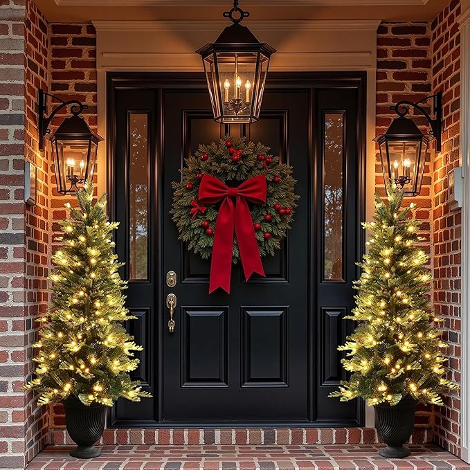 LuxenHome 4.5FT Potted Christmas Tree, Prelit Artificial Small Christmas Trees with 150 LED Lights, Slim Xmas Tree Pre-lit with Pine Cone and Black Fluted Urn Style Pot for Entryway, Living Room