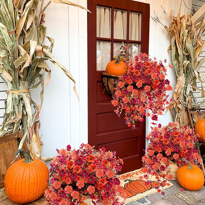 Outdoor Artificial Fall Flowers 6PCS, All Weather Fade Proof, UV Resistant Waterproof Realistic Faux Silk Mums Daisies Orange & Brown for Hanging Planters Porch Patio Balcony Deck Fence Garden Decor