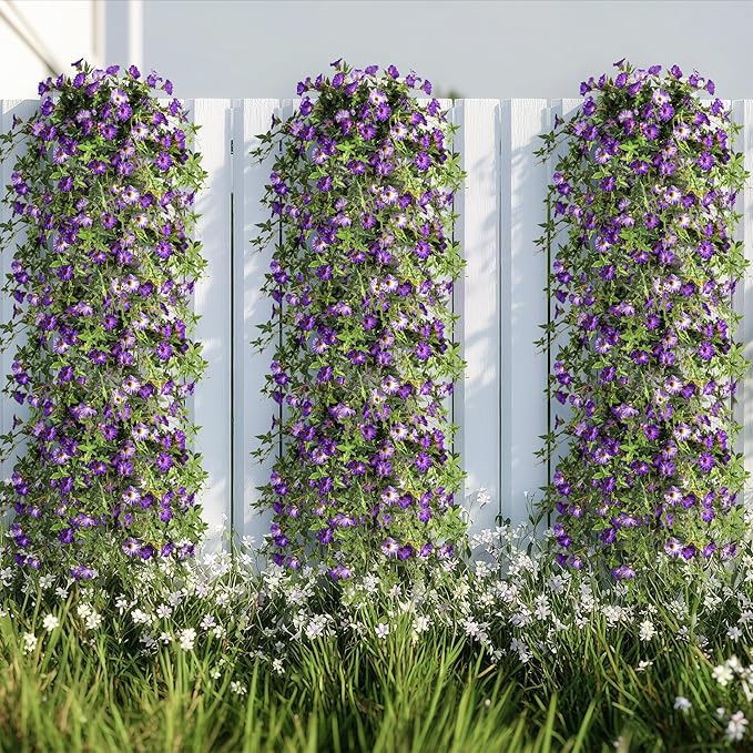 Artificial Flowers Artificial Petunias for Outdoors 2PCS Artificial Hanging Plants Outdoors Silk Flowers with Stems Outdoor Flowers Uv Resistant for Porch Decor Terrace Decor（Purple with Pot）