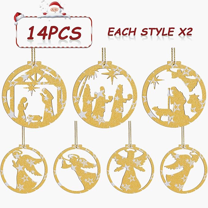 14 Pcs Nativity Scene Ornaments, Christmas Wooden Nativity Hanging Ornaments Set, Christian Nativity Scene Christmas Tree Decoration, Xmas Religious Gift for Family Friends and Christian