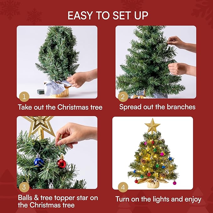 Joiedomi 24"/2FT Tabletop Mini Christmas Tree Pre lit with Warm Lights, Holly Berries, Pine Cones and Ornaments for Indoor Artificial Mini Xmas Tree Holiday Season Decorations (Gold)