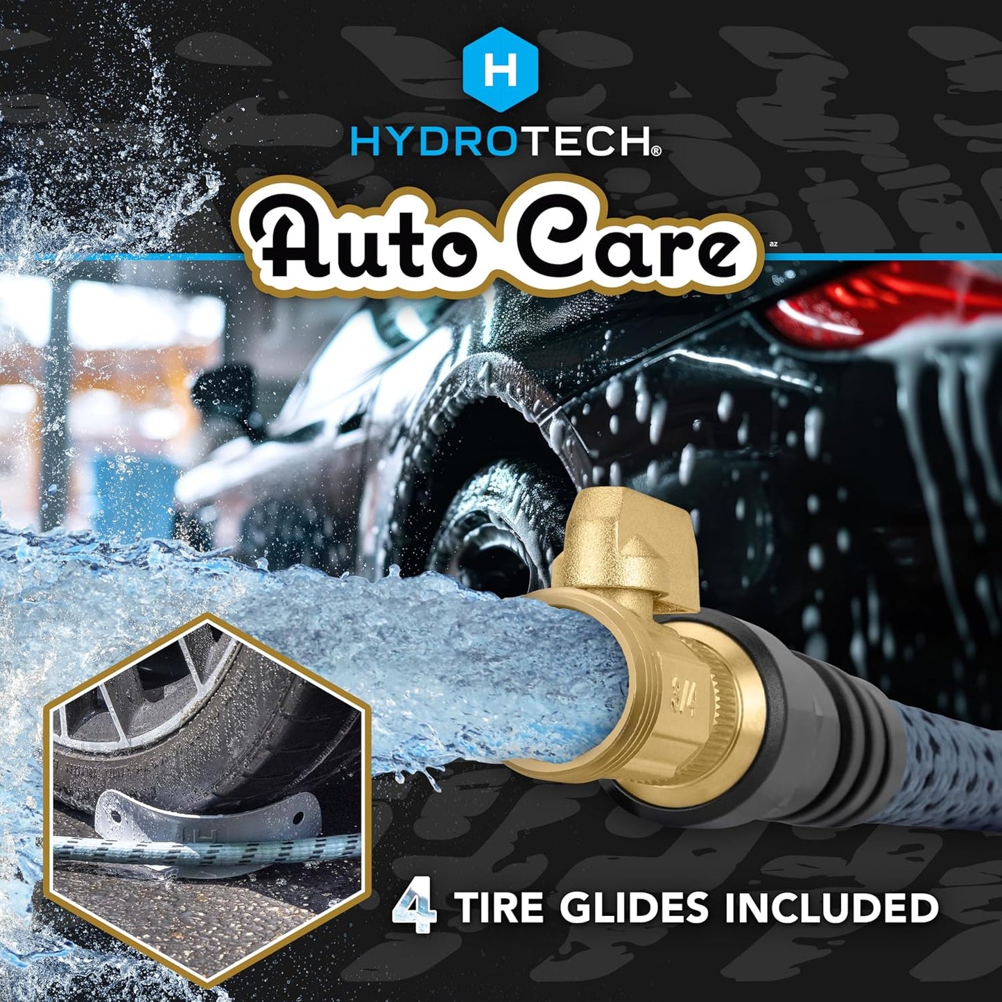 Hydrotech 60 ft Garden Hose – Patented Force Control, Burst-Proof, Lightweight, Flexible, No-Kink Design, 5/8", 4 Tire Hose Guides, Ideal for Car Wash & Automotive Care