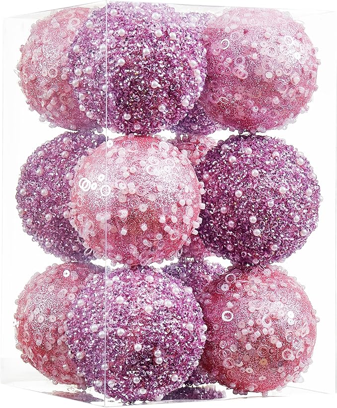 12CT Christmas Ball Ornaments, Pink Christmas Ball Decorations Shatterproof Plastic Hanging Pearl Balls for Holiday Party(70mm/2.76")