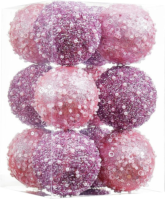 12CT Christmas Ball Ornaments, Pink Christmas Ball Decorations Shatterproof Plastic Hanging Pearl Balls for Holiday Party(70mm/2.76")