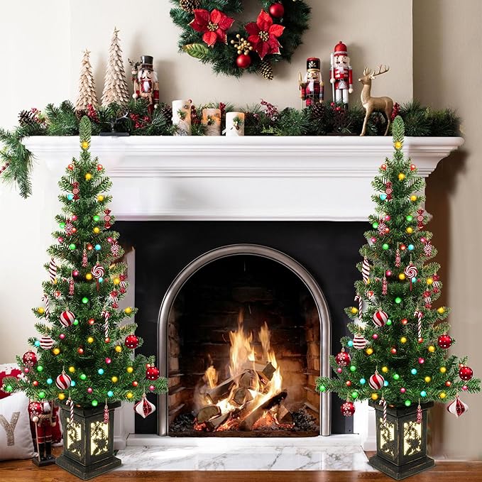 2Pcs 4FT Pre-lit Artificial Potted Christmas Tree with 100 LED Colorful Lights，Artificial Xmas Trees with Retro Snowflack Light Box Base, 190 Branch Tips, Small Xma Tree Decora for Porch,Table, Home