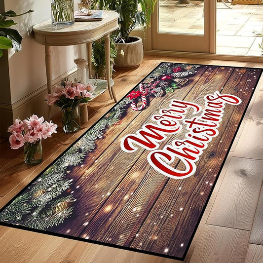 Christmas Rug Xmas Holiday Decorative Wood Grain Pattern Welcome Mat for Home Decoration Non Slip Outdoor Indoor Entrance Floor Mat,79" X 39"