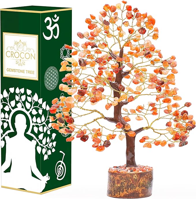 Crocon Carnelian Chakra Tree of Life - Crystal for Positive Energy, Handmade Gemstone Feng Shui Decor, Good Luck Money Tree Bonsai - Orange Healing Crystals for Sacral Chakra, Prosperity Gift