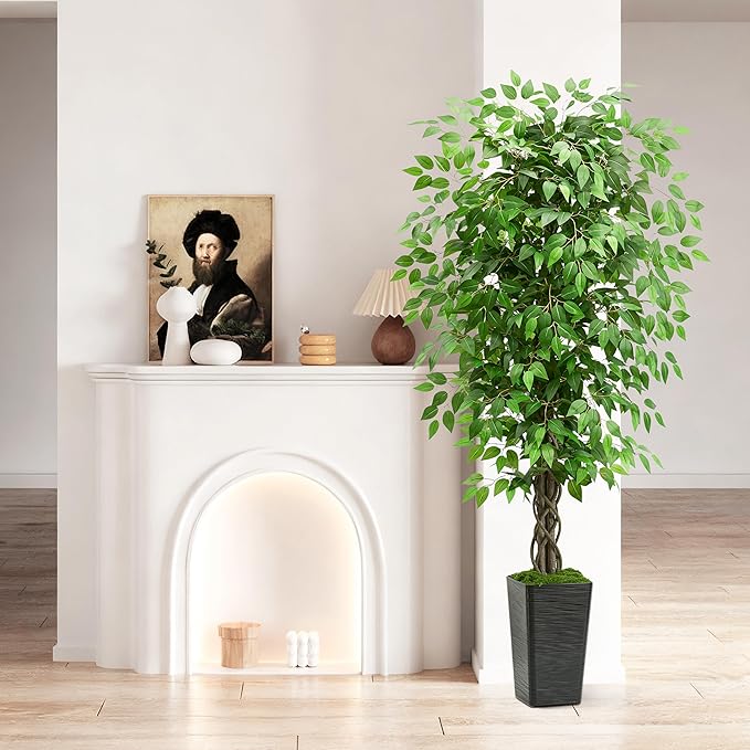Artificial Ficus Tree 5FT Faux Plants Indoor Tall Fake Plants with Black Square Planter, Green Lifelike Lush Fake Ficus Tree for Home Living Room Bedroom Outdoor Balcony House Office Decor