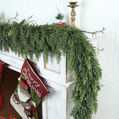 Realistic Christmas Garland for Mantle 6FT Real Touch Thick/Lush Artificial Cedar Garlands Christmas Decorations Indoor Christmas Garland for Stairs Railing Outdoor Fireplace Table Xmas Holiday Decor