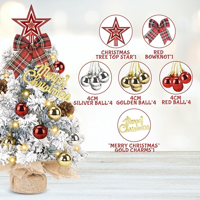 Mini Christmas Tree Tabletop Set with LED Lights, 2FT Artificial Small Xmas Tree Prelit with Star Treetop and Hanging Ornaments for Home Cafe Office, Snow Flocked, White