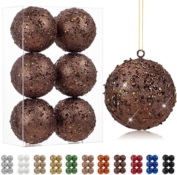 4" Large Christmas Balls Ornaments 6 Pcs Shatterproof Big Bronze Christmas Ornaments for Tree Bulk Glitter Big Xmas Tree Ornament for Xmas Halloween Holiday Wedding Party Decoration