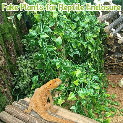 Hamiledyi Reptile Plants Tank Habitat Decorations 2 Pcs Artificial Leaves Habitat Decor with Suction Cup Fake Hanging Vines for Bearded Dragon, Leopard Gecko, Lizard, Chameleon, Snake