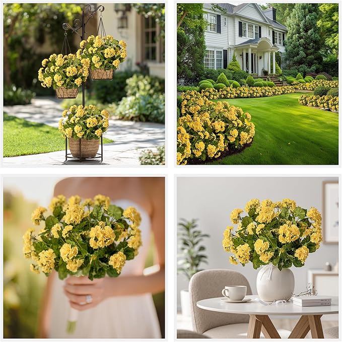 Artificial Geranium Flowers for Outdoors Geraniums Artificial Flowers Realistic Faux Geraniums for Outdoor Planters Silk Geranium Outdoor Fake Flowers Porch Home Kitchen Garden Decor(4PCS，Yellow)