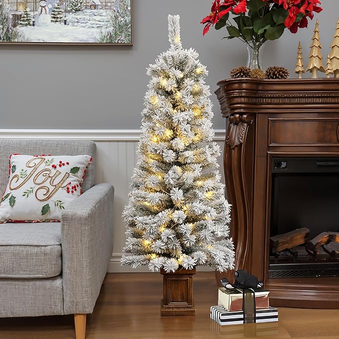 LuxenHome 5FT Potted Flocked Christmas Tree, Small Christmas Tree Prelit with 80 Warm White LED Lights, Lighted Pencil Artificial Christmas Trees with Square Planter Pot for Indoor, Outdoor