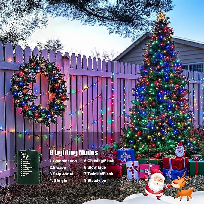 Upgraded 4Pack 160FT 400 LED Battery Operated Christmas String Lights Outdoor/Indoor, Timer & 8 Modes with Green Wire Christmas Tree Lights, Waterproof Fairy Lights for Xmas Tree Garden(Multicolor)