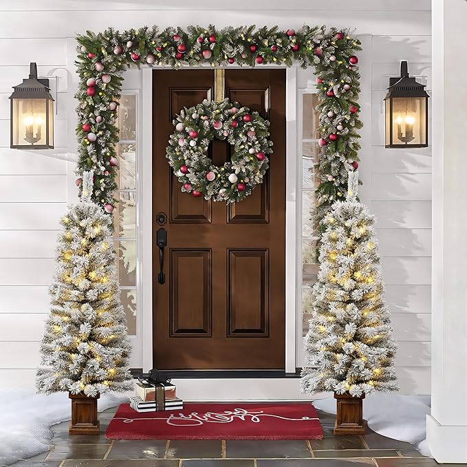 LuxenHome 5FT Potted Flocked Christmas Tree, Small Christmas Tree Prelit with 80 Warm White LED Lights, Lighted Pencil Artificial Christmas Trees with Square Planter Pot for Indoor, Outdoor