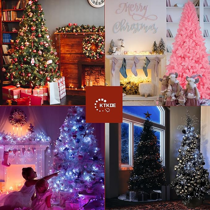 KTKDE 7.5ft Artificial Christmas Tree is a Green one with 1450 Tips and 300 Battery-Powered LED Columns. It Features 7.87-inch Golden Five Pointed Star and is Perfect for Family and Office Gatherings