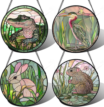 Stained Glass Window Hanging 4 Pcs Set Cute Animal 7.8"- Green Plant Pink Suncatcher Door Garden Sun Catcher Decor Birthday Christmas for Mom Woman Nana Men Friend