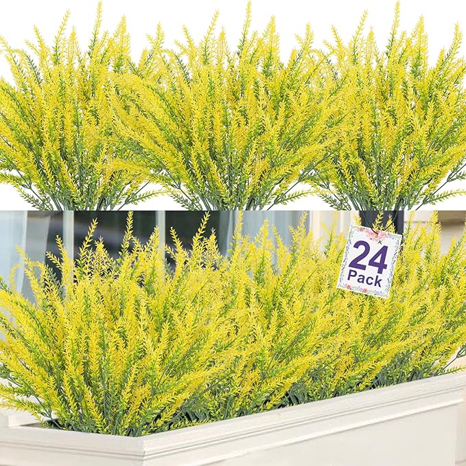 Ouddy Decor 24 Bundles Artificial Lavender Fake Flowers Faux Plastic Plants for Home Wedding Kitchen Garden Patio Window Box Office Table Centerpieces Indoor Outdoor Decor, Yellow