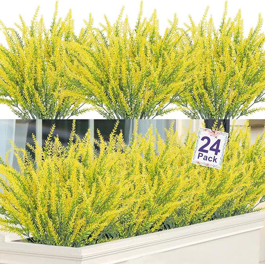 Ouddy Decor 24 Bundles Artificial Lavender Fake Flowers Faux Plastic Plants for Home Wedding Kitchen Garden Patio Window Box Office Table Centerpieces Indoor Outdoor Decor, Yellow