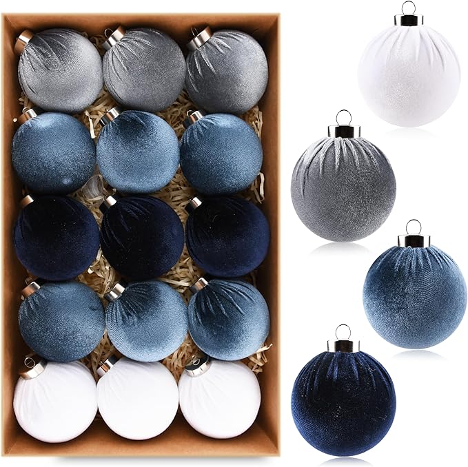 Velvet Christmas Ornaments Balls for Tree - 15pcs Blue Shatterproof Christmas Ornaments for Xmas Decorations - Multicolor Royal Dusty Blue, 80mm 3.15inch