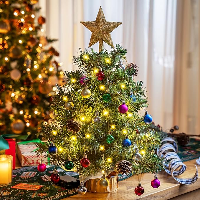 Joiedomi 24"/2FT Tabletop Mini Christmas Tree Pre lit with Warm Lights, Holly Berries, Pine Cones and Ornaments for Indoor Artificial Mini Xmas Tree Holiday Season Decorations (Gold)