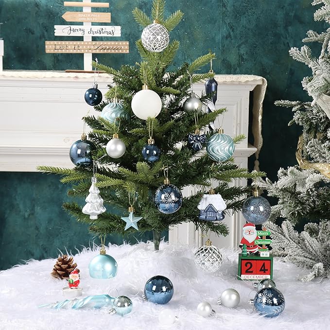 124Ct Blue and Silver Christmas Ornaments Set, Elegant Shatterproof Assorted Christmas Decorations for Xmas Tree Snowflake Icicle House Ball Ornaments Baubles for Holiday Party Decor (Blue&Silver