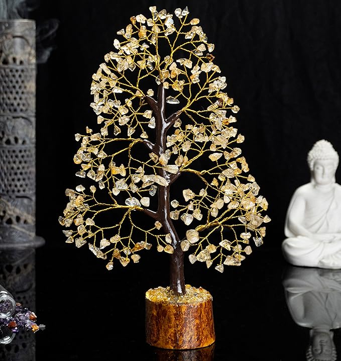 Crocon Citrine Gemstone Tree Feng Shui Figurine Money Bonsai Chakra Balancing Good Luck Prosperity Reiki Healing Crystals Decoration Ornament Sculpture Table Decor Gift Size 10-12"""