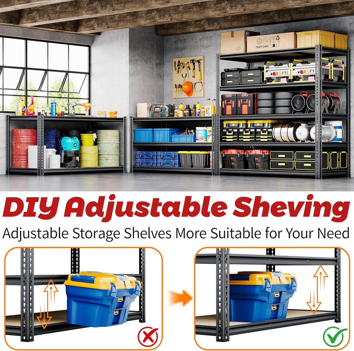 48"W Garage Shelving, 3050LBS Storage Shelves heavy duty, 5 Tier Metal Shelving Unit Adjustable Garage Shelves Heavy Duty Shelving for Warehouse,Commercial, Kitchen, 48" W × 24" D × 72" H, Black