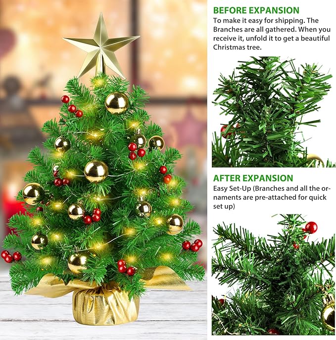 Mini Prelit Christmas Tree, 22" Tabletop Decoration with Warm Lights, Gold Ornaments, Red Berries & Cloth Bag Base