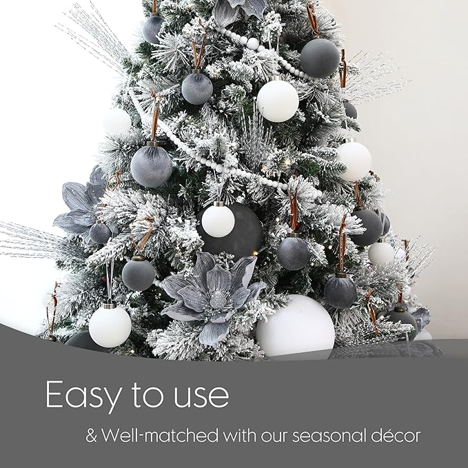 Sea Team 25-Pack Flocked Velvet Christmas Tree Ball Ornaments Set, Hanging Velour Baubles, Shatterproof Plastic Decorations for Xmas Tree, Wreath, Garland, 60mm/2.36 Inches, Gray