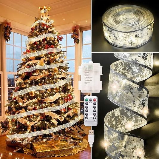 Christmas Decorations, 2.5Inch x 33Ft 100 Led Christmas Tree Ribbon Lights with Remote Control, Battery Operated & USB Powered 8 Lighting Modes Fairy String Lights with Timer for Xmas Decor
