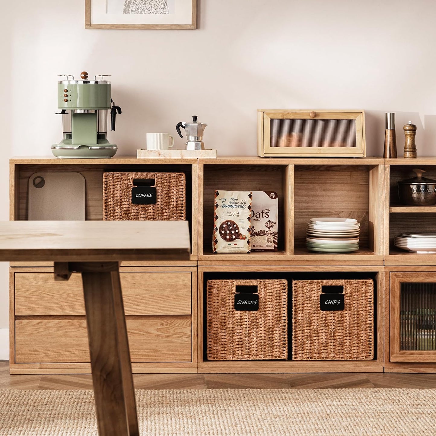 UBBCARE 4 Pack Wicker Basket, 10.5×10.5 Storage Cubes with Label, Foldable Cube Storage Bin with Handle, Square Storage Basket for Shelves, Woven Paper Rope Basket for Organizing, Caramel