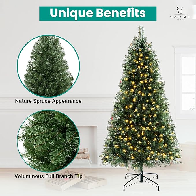 Natalie 6ft Pre-Lit Spruce Artificial Christmas Tree –Hinged PVC Branches, 798 Tips, 250 Warm White Lights, Sturdy for Ornaments, Holiday Décor w/Stable Base