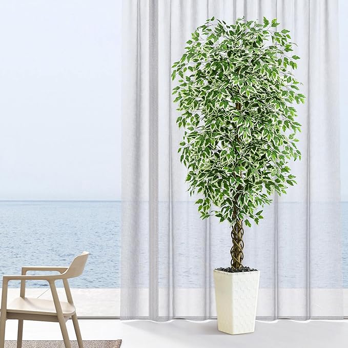 Artificial Ficus Tree Indoor 6FT Fake Plants Large Artificial Plant with Crack White Tall Planter, Green Lifelike Lush Fake Ficus Tree for Home Living Room Bedroom Outdoor Balcony House Office Decor
