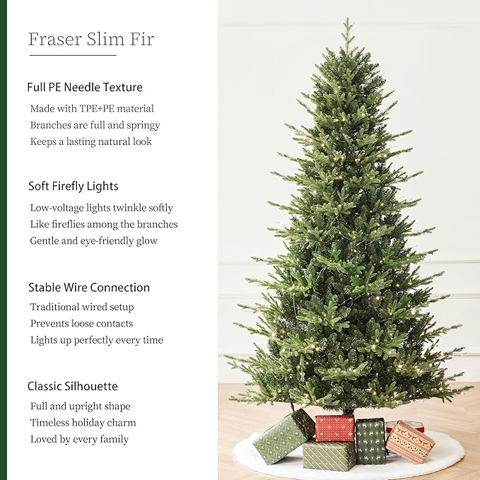 7.5ft Fraser Slim Fir Pre-Lit Artificial Christmas Tree with 792 Low-Voltage Warm LED Lights, Easy Plug & Foldable Stand, Realistic Flame-Resistant Branches