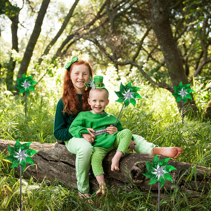 Hausse 10 Pack Reflective Pinwheels Holiday Decor, Extra Sparkly Wind Sculptures for St. Patrick's Day Decorations Party Supplies, Deterrent to Scare Birds Away from Garden Yard Patio Farm, Green