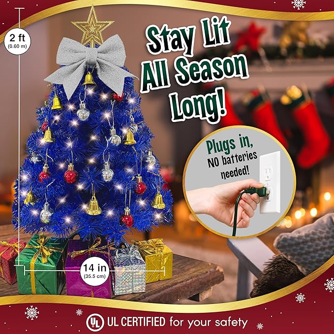Small Blue Christmas Tree with Lights - 23 Inch Mini Tabletop Christmas Tree with Warm-White LED Lights, Hanging Ornaments, Decorative Bow and Gift Boxes - Table Tree for DIY Christmas Decoration